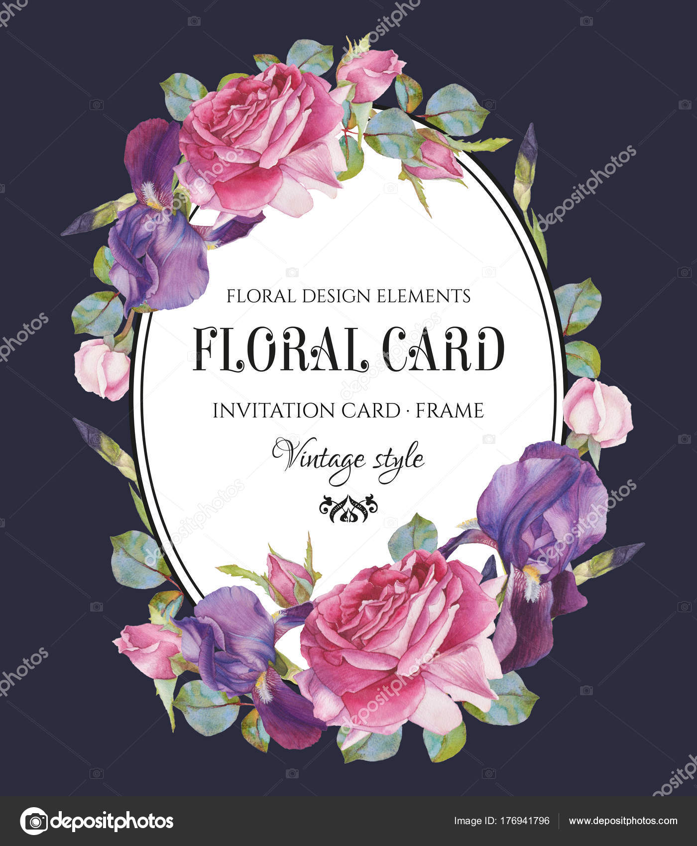 Tarjeta de felicitación floral vintage con un marco de rosas acuarela e  iris Ilustración de stock #176941796 de ©Lesia_A, image size:1400x1700