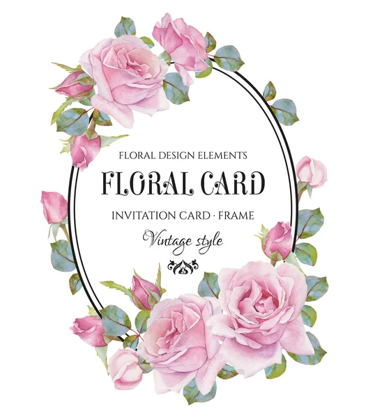 Vintage blommig gratulationskort med en ram av akvarell rosor. — Stockfoto