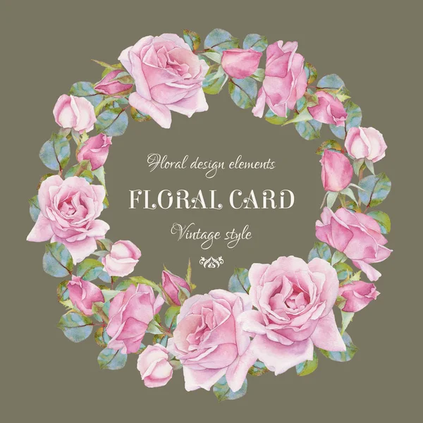 Tarjeta de felicitación floral vintage con un marco de rosas acuarela . — Foto de Stock