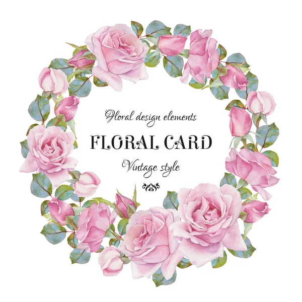 Carte de vœux fleurie vintage avec cadre de roses aquarelles . — Photo