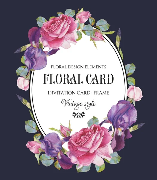 Tarjeta de felicitación floral vintage con un marco de rosas acuarela e iris —  Fotos de Stock