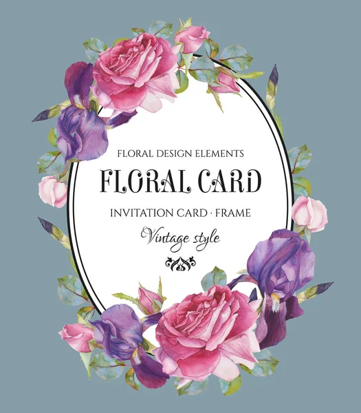 ビンテージ花グリーティング カード水彩画バラとアイリスのフレーム — ストック写真