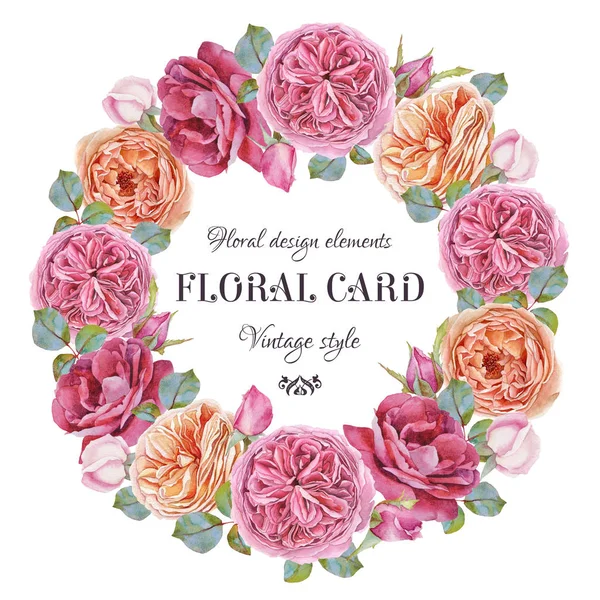 Tarjeta de felicitación floral con un marco de rosas acuarela — Foto de Stock