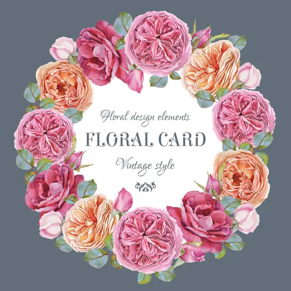 Biglietto di auguri floreale con cornice di rose acquerellate — Foto Stock