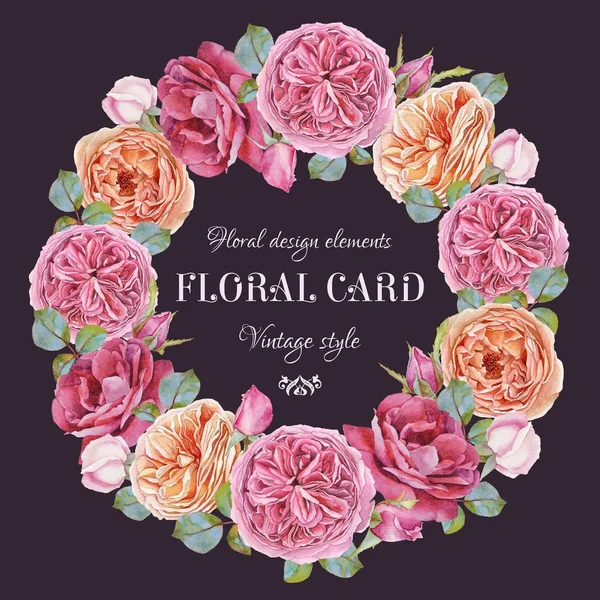 프레임의 수채화 장미 꽃 인사말 카드 — 스톡 사진