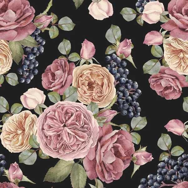 수채화 장미와로 웬 검은 딸기 꽃 원활한 패턴 — 스톡 사진