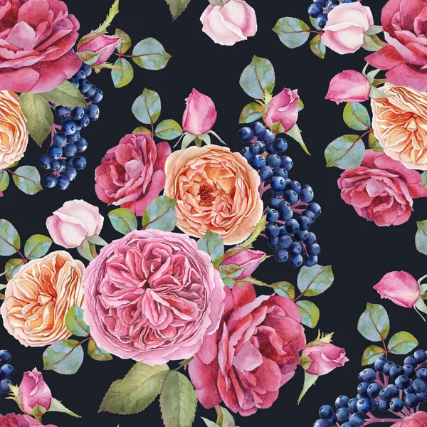 Varrat nélküli virágmintás akvarell rózsák és a bogyók fekete berkenye — Stock Fotó