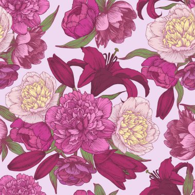 Vektör çiçek seamless modeli el ile pembe ve beyaz peonies, kırmızı lilyum tanzim. Çiçek arka planda vintage tarzı