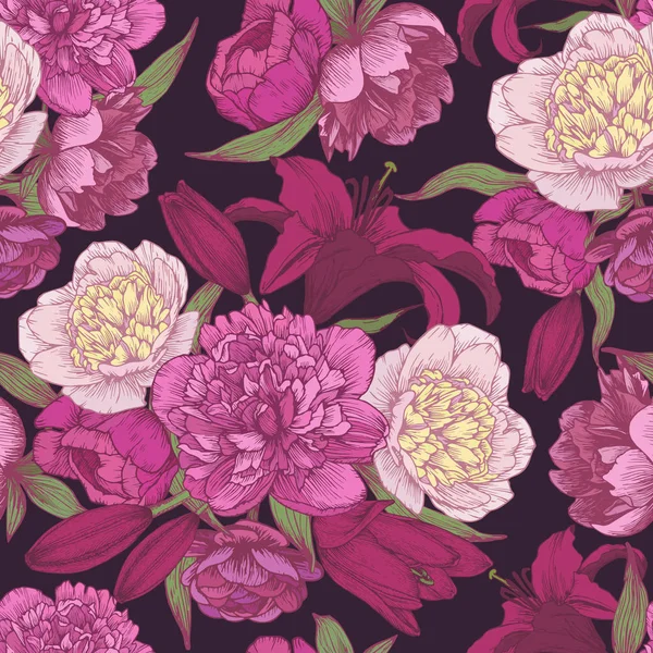 矢量花卉无缝图案与手绘粉红色和白色牡丹 红百合 复古风格的花卉背景 — 图库矢量图片