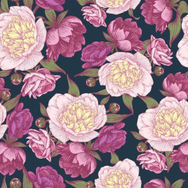 Vektör çiçek seamless modeli el ile pembe ve beyaz peonies çizilmiş. Çiçek arka planda vintage tarzı 