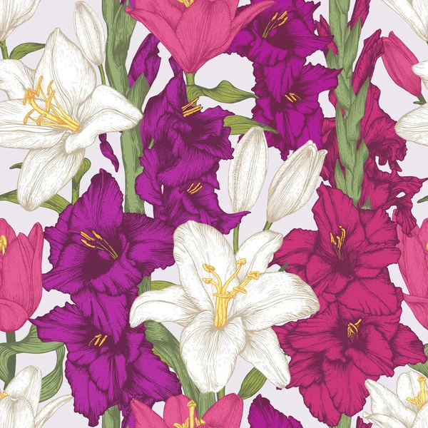 Διάνυσμα Λουλούδια Χωρίς Ραφή Πρότυπο Χέρι Που Gladiolus Λουλούδια Και — Διανυσματικό Αρχείο