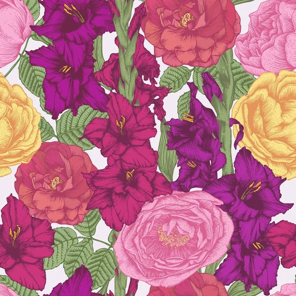 Векторный Цветочный Бесшовный Узор Нарисованными Вручную Цветами Гладиолуса Розами Цветочный — стоковый вектор