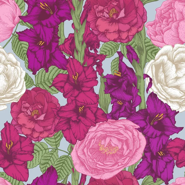 矢量花卉无缝花纹与手绘唐菖蒲花和玫瑰 复古风格的花卉背景 — 图库矢量图片