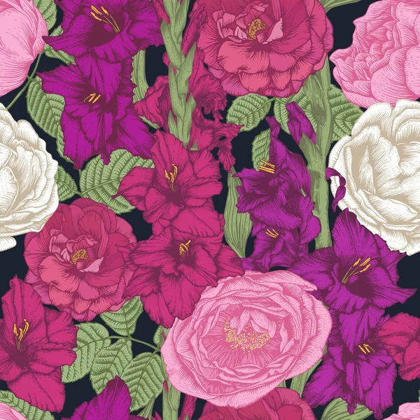 Motif Floral Vectoriel Sans Couture Avec Des Fleurs Des Roses — Image vectorielle