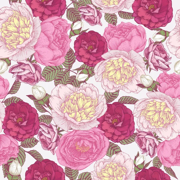 Patrón Floral Sin Costura Vectorial Con Peonías Rosas Dibujadas Mano — Vector de stock