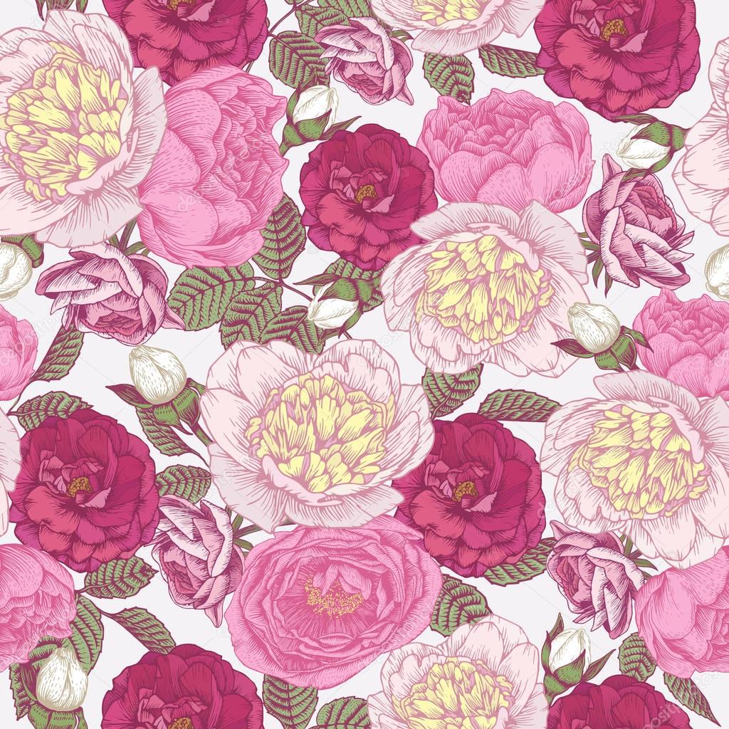 Vector floral seamless pattern with hand drawn peonies and roses. Floral background in vintage style 