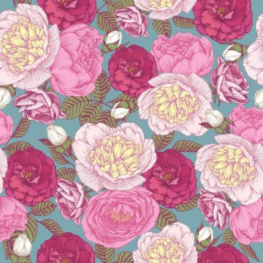 Vektör çiçek seamless modeli el ile çizilmiş peonies ve gül. Çiçek arka planda vintage tarzı 