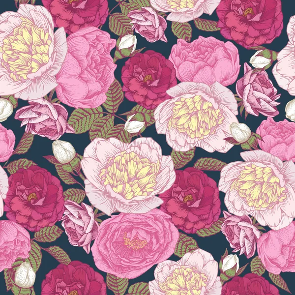 Motif Floral Vectoriel Sans Couture Avec Pivoines Roses Dessinées Main — Image vectorielle