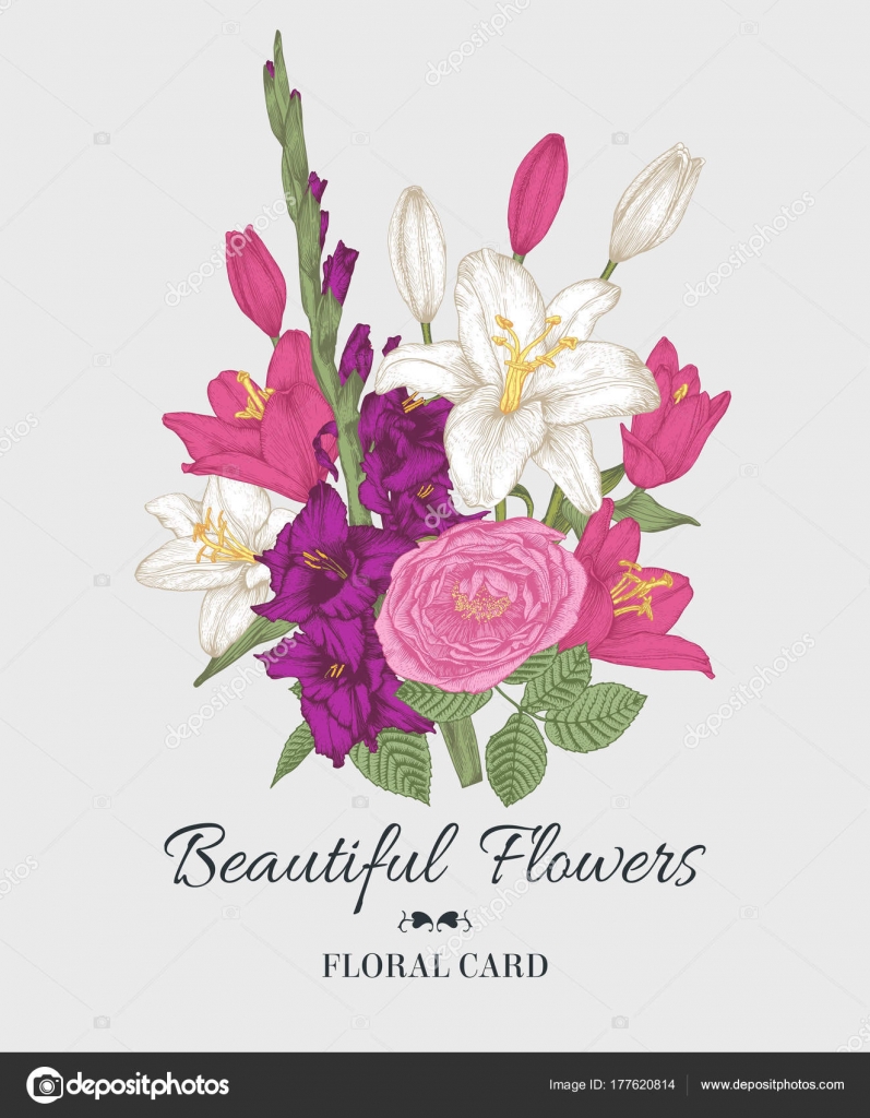 Vintage Floral Card Bouquet Lilies Gladiolus Rose Vector Illustration