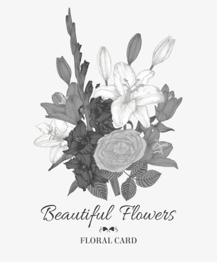 Lilyum, Glayöl ve gül buket Vintage çiçek kartı. Vektör çizim.