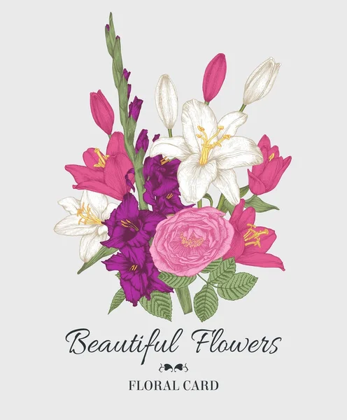 Vintage Blommig Kort Med Bukett Med Liljor Gladiolus Och Ros — Stock vektor