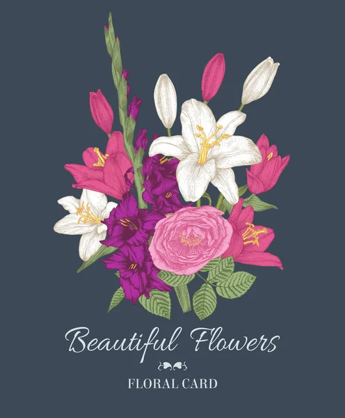 Vintage Blommig Kort Med Bukett Med Liljor Gladiolus Och Ros — Stock vektor