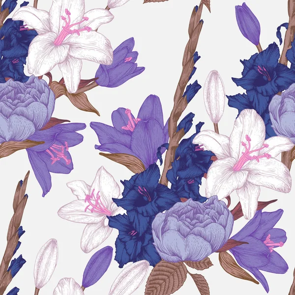 Patrón Sin Costura Floral Vectorial Con Flores Gladiolo Dibujadas Mano — Archivo Imágenes Vectoriales
