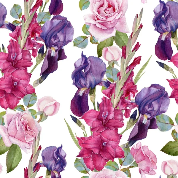 Motivo floreale senza cuciture con iris acquerello, gladiolo, rose — Foto Stock