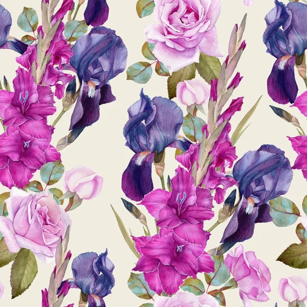 Floral seamless pattern with watercolor iris, gladiolus, roses — Stock Photo, Image