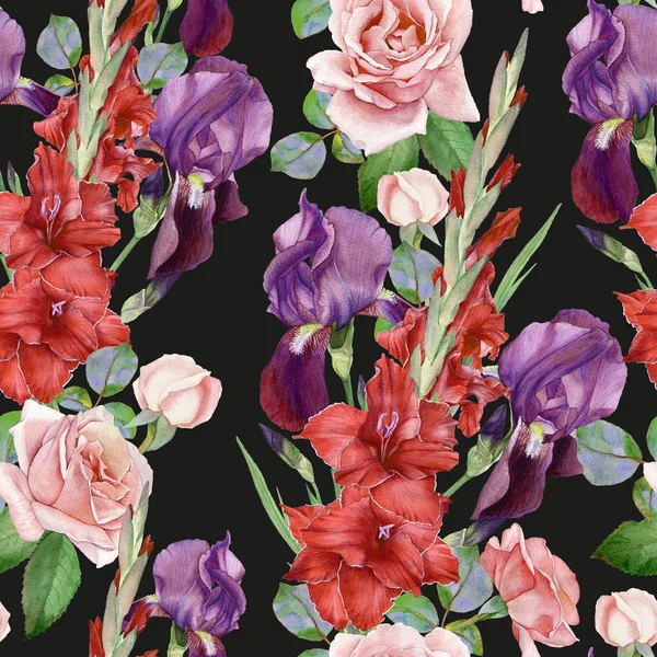 水彩のアイリス、グラジオラス、バラの花柄シームレス — ストック写真
