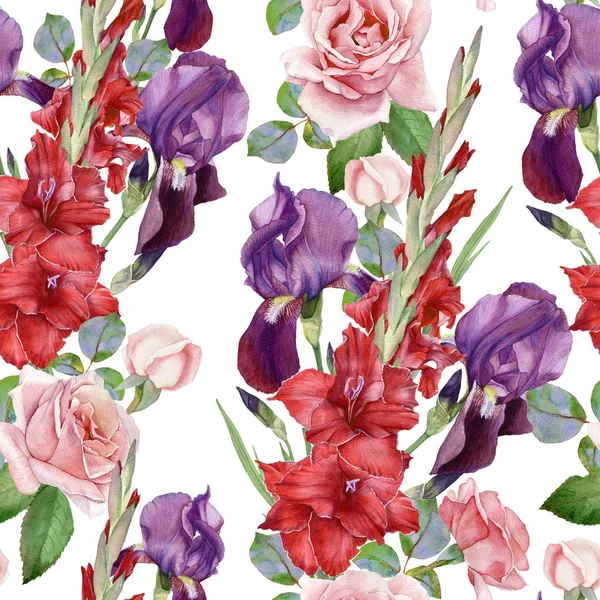 Floral seamless pattern with watercolor iris, gladiolus, roses — Stock Photo, Image