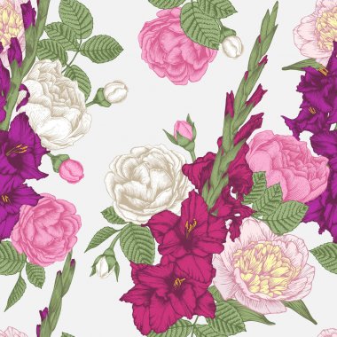 Vektör çiçek seamless modeli elle çizilmiş Glayöl çiçek, gül ve peonies vintage tarzı