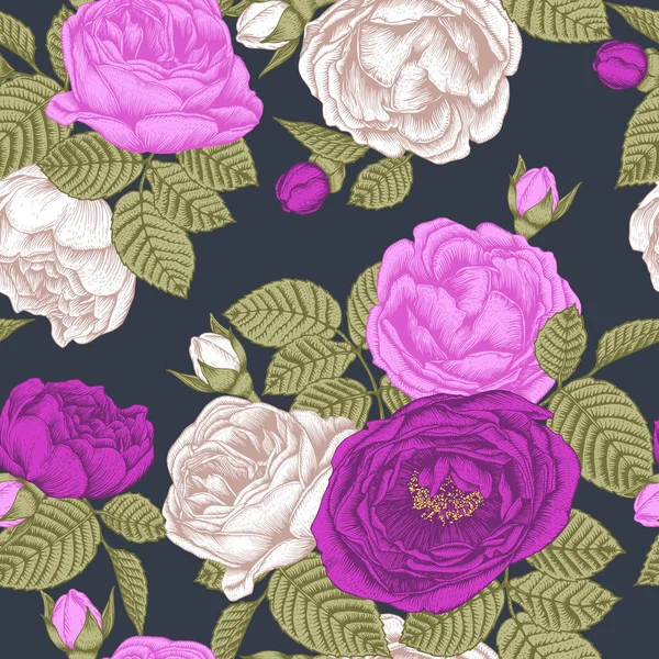 Vector Floral Seamless Pattern Hand Drawn Roses Vintage Style — Stock Vector