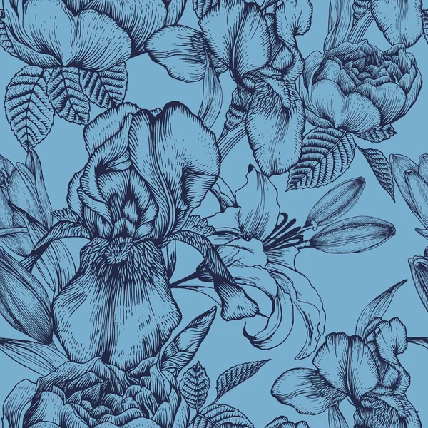 Векторний квітковий безшовний візерунок з намальованими руками райдужками, ліліями та трояндами — стоковий вектор