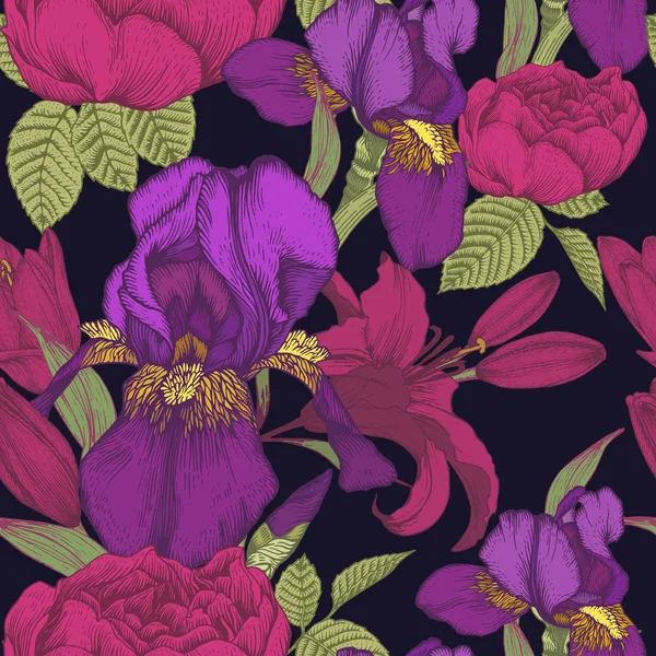 Motif floral vectoriel sans couture avec iris, lis et roses dessinés à la main — Image vectorielle