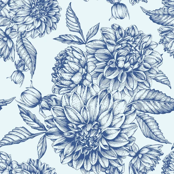 Vector floral seamless pattern with hand drawn dahlias — Stock Vector