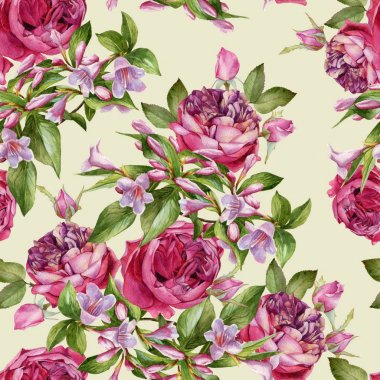 Suluboya gül ve pembe weigela çiçek seamless modeli