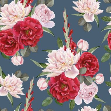 Suluboya gül, beyaz peonies ve Glayöl çiçek çiçek seamless modeli el ile çizilmiş