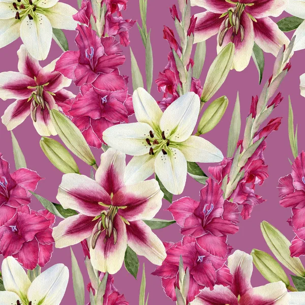 Floral seamless pattern with hand drawn watercolor lilies and gladiolus flowers — Stock Photo, Image