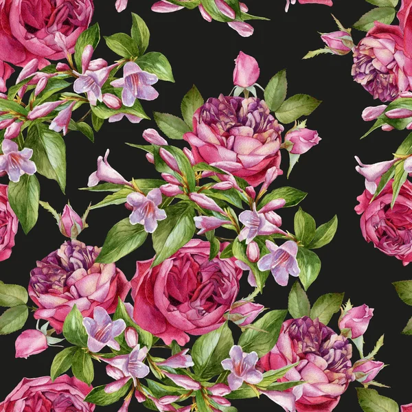 Sömlös blommönster med akvarell rosor och rosa weigela — Stockfoto