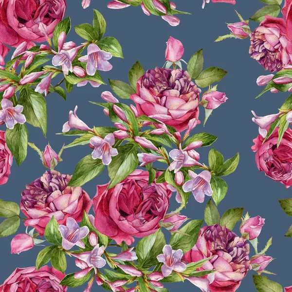Akvarell rózsák és a rózsaszín weigela zökkenőmentes virágmintás — Stock Fotó