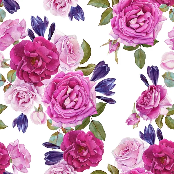 Kwiatowy wzór z akwarela róże i krokusy — Zdjęcie stockowe