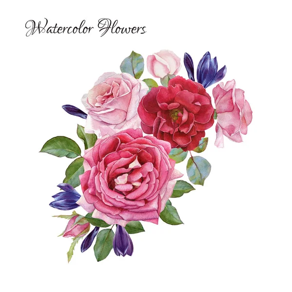 Karta kwiatowy. Bukiet róż akwarela i krokusy. Ilustracja — Zdjęcie stockowe