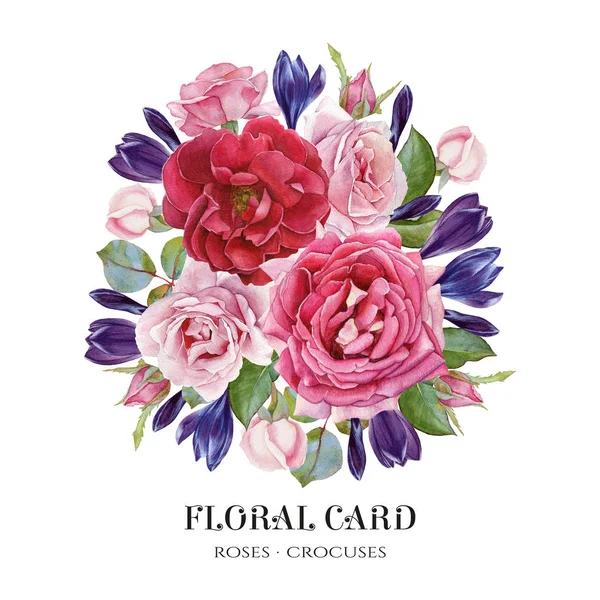 Blommig kort. Bukett av akvarell rosor och krokusar. Illustration — Stockfoto
