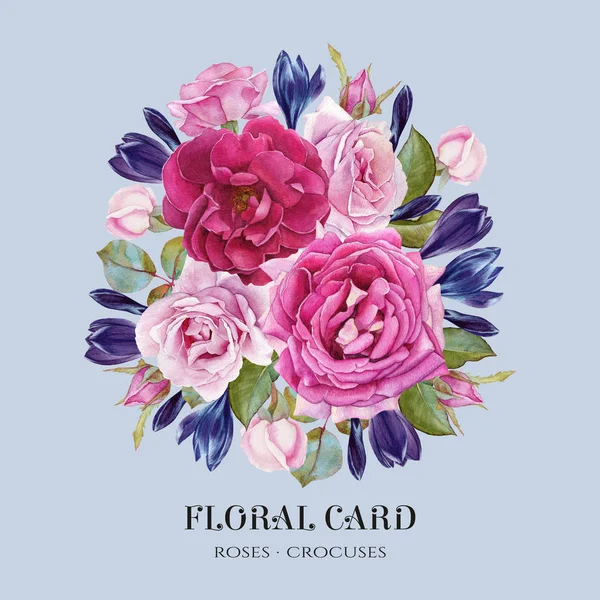 花のカードです。バラの花束水彩とクロッカス。図 — ストック写真