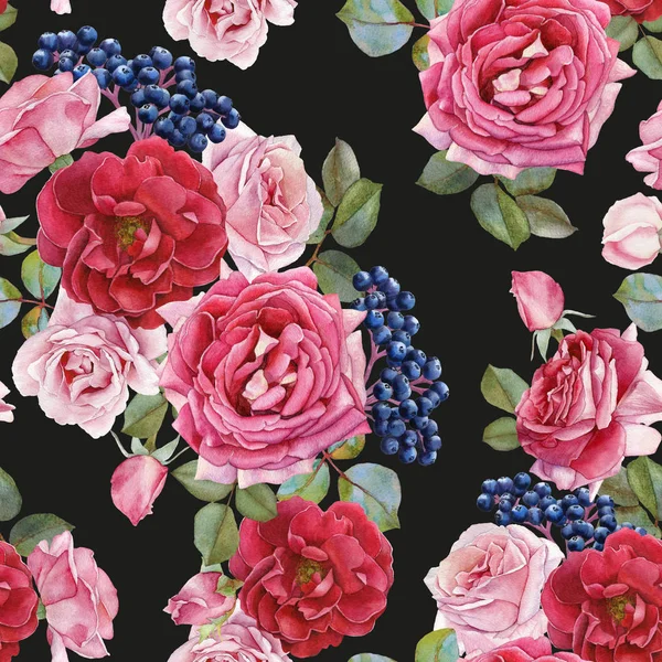 수채화 장미 꽃 완벽 한 패턴입니다. 손의 부케와 함께 배경 그려진 수채화 꽃 — 스톡 사진
