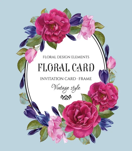 ビンテージ花グリーティング カード水彩画バラとクロッカスのフレーム — ストック写真
