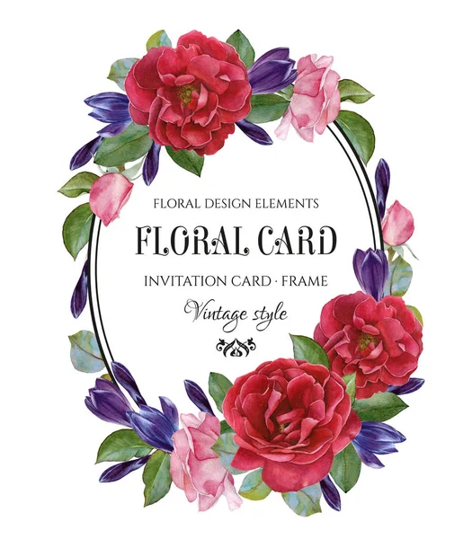 Vintage blommig gratulationskort med en ram av akvarell rosor och krokusar — Stockfoto