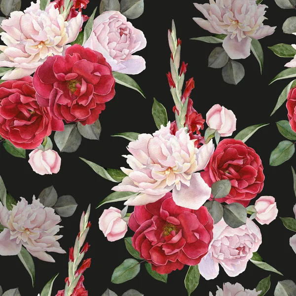 Motivo floreale senza cuciture con rose acquerellate disegnate a mano, peonie bianche e fiori gladiolus — Foto Stock