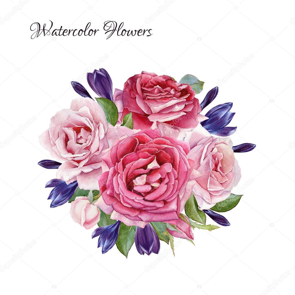 Floral card. Bouquet of watercolor roses and crocuses. Illustration
